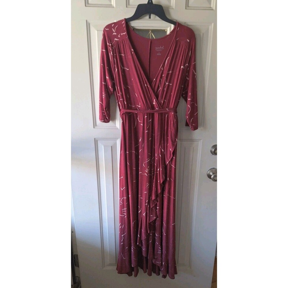 Isabel Maternity S Burgundy Print Long Maxi Dress Faux Wrap Ruffle Feminine NWT
